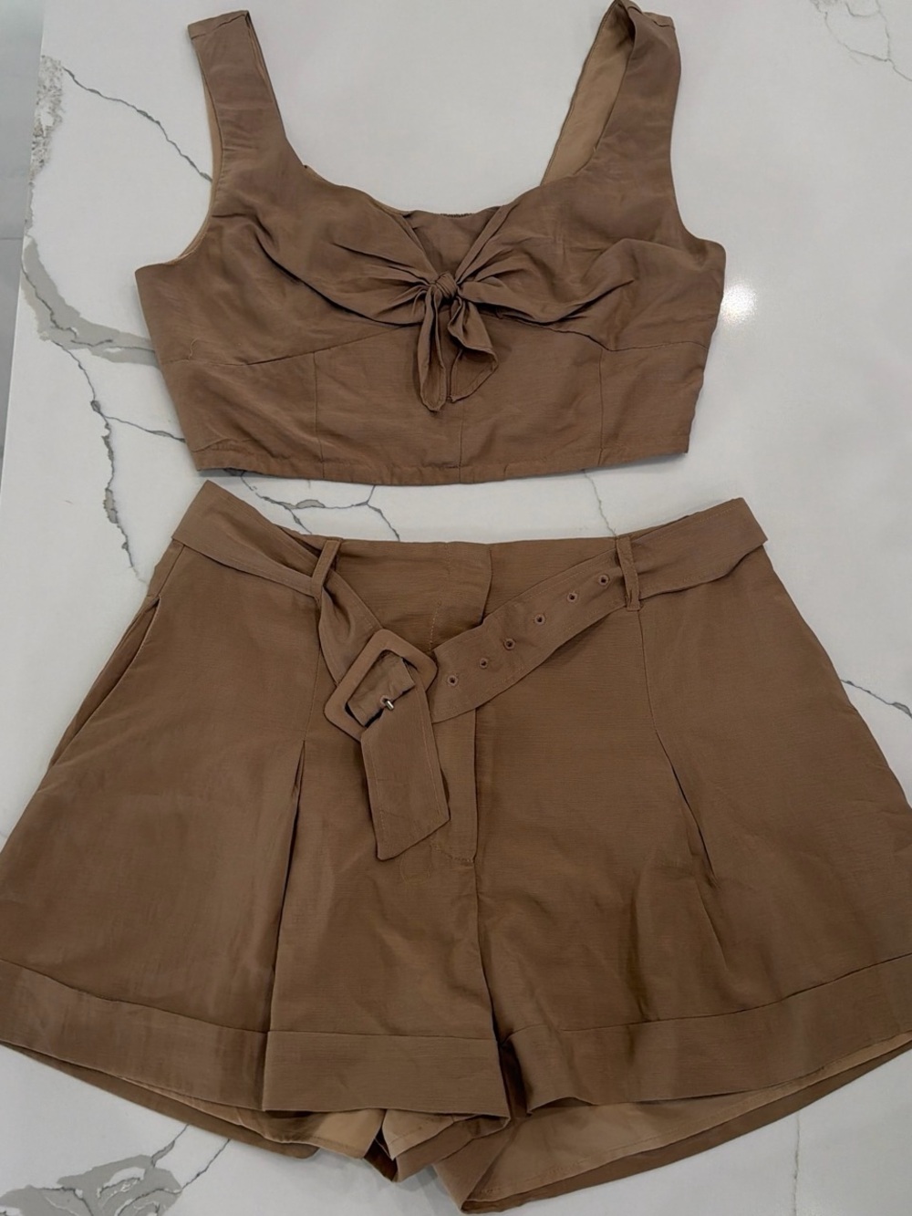 Women's Belted High-Waist Bermuda Shorts & Tie-Front Crop Top - Brown. NWOT